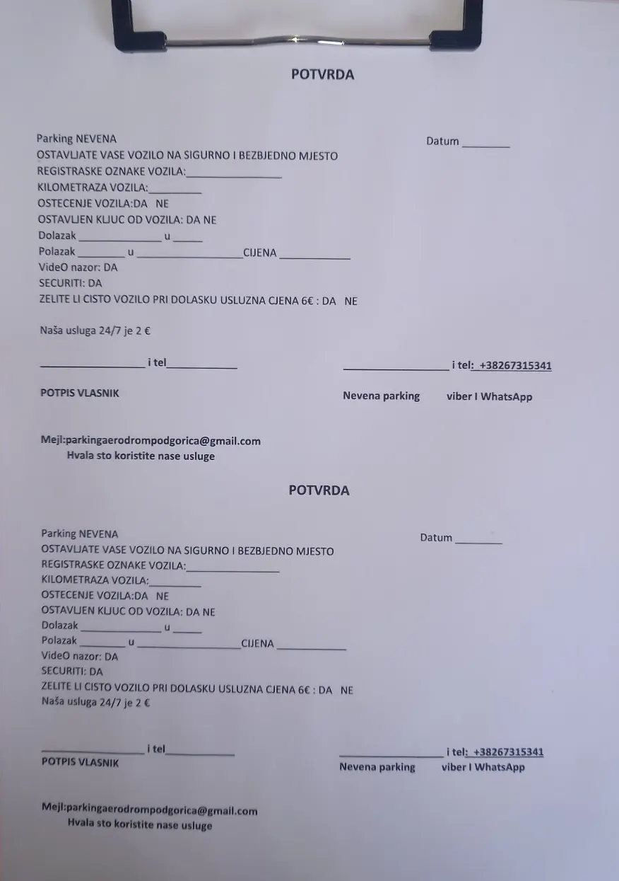 Potvrda za parking pored aerodroma Podgoria